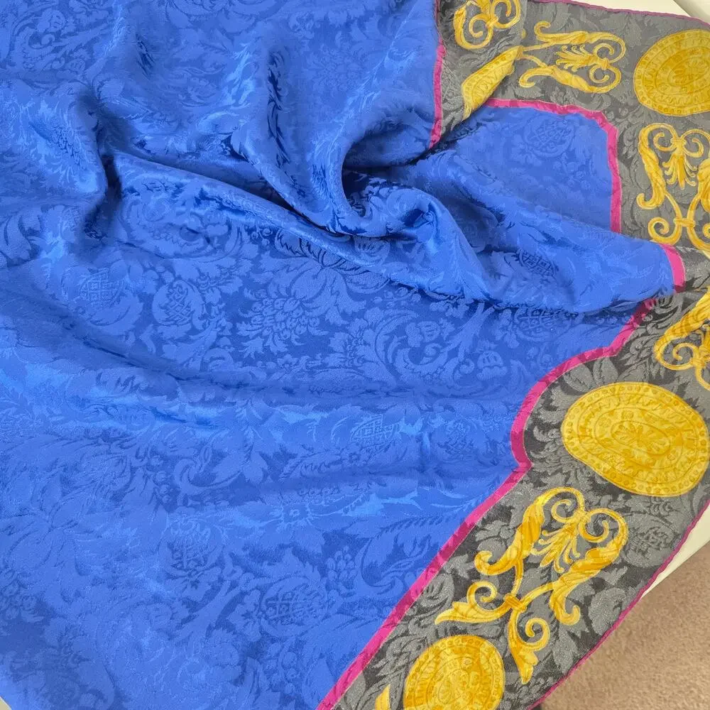 Vintage Luc Benoit Baroque Silk Scarf Gold Medallion Ornate Damask Square 33x33